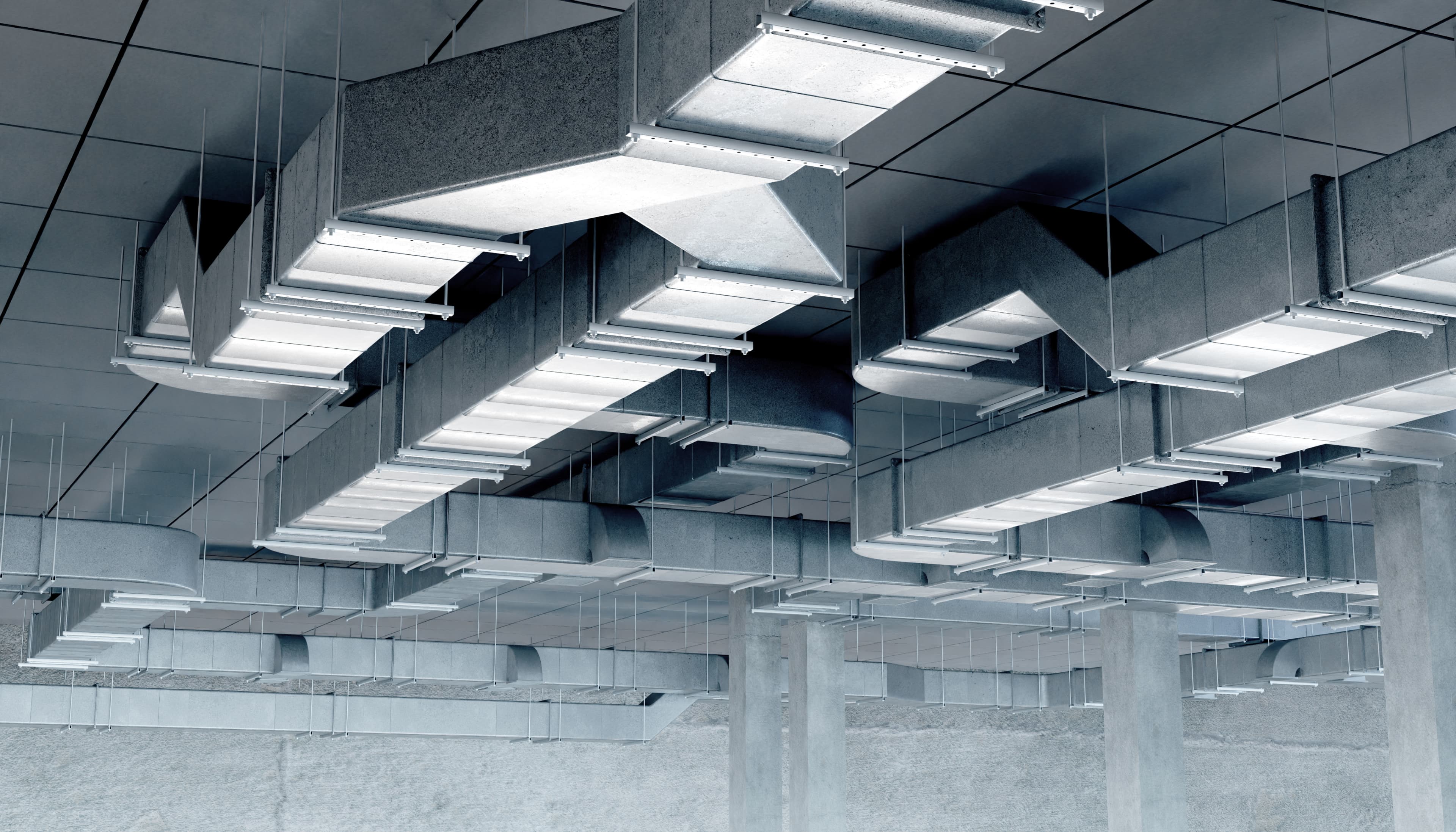 Ceiling with commercial HVAC ductwork and lighting